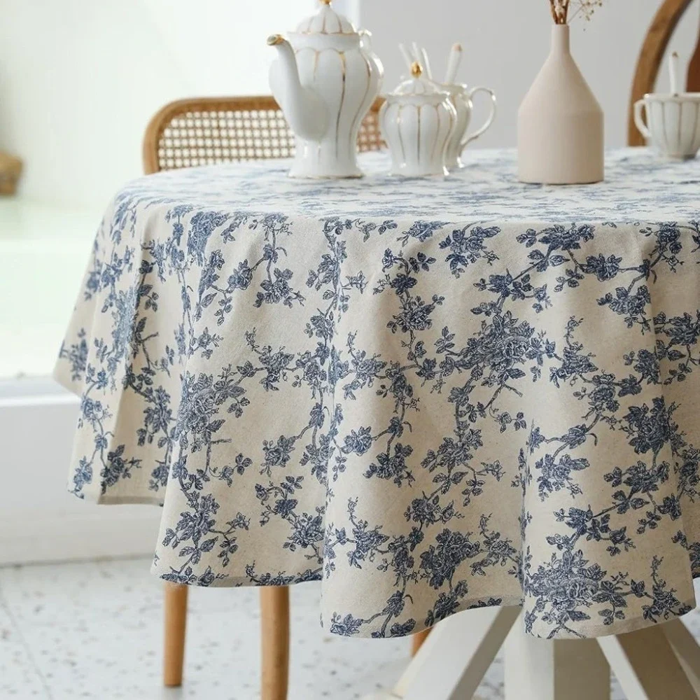 Blue Floral Toile Round Tablecloth Linen Blend French Country Farmhouse Decor